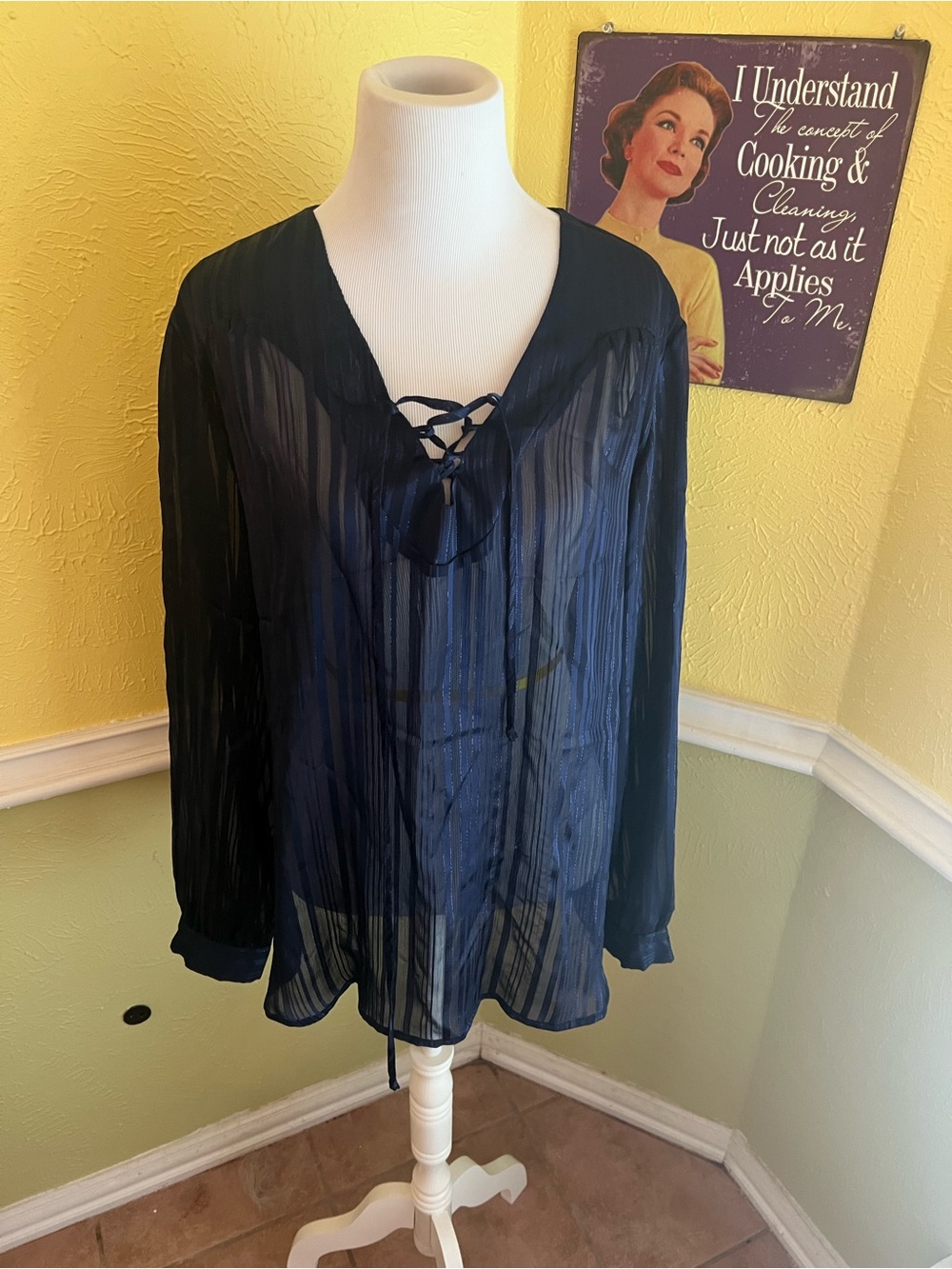 Faded Glory Navy Sheer Lace-Up V-Neck Blouse